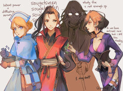 2boys 2girls :o anocurry bag beard black_eyes black_hair blonde_hair blue_capelet blue_eyes breasts brown_bag brown_gloves capelet castti_florenz cleavage commentary dress earrings english_commentary english_text facial_hair forehead glasses gloves hat height_difference highres hikari_ku holding holding_staff japanese_clothes jewelry katana long_hair medium_breasts multiple_boys multiple_girls nurse_cap octopath_traveler octopath_traveler_ii osvald_v._vanstein ponytail profile purple_dress purple_eyes short_hair sidelocks simple_background staff sword throne_anguis twitter_username very_long_hair weapon white_background white_dress