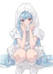Rule 34 | 1girl, blue hair, blunt bangs, capelet, dress, fur-trimmed capelet, fur trim, highres, hood, hood up, hooded capelet, kotonoha aoi, long hair, moya (toatomoot), red eyes, simple background, solo, squatting, very long hair, voiceroid, white background, white capelet, white dress, white footwear