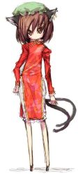 Rule 34 | 1girl, animal ears, bad anatomy, bad proportions, blush, brown hair, cat ears, cat girl, cat tail, chen, china dress, chinese clothes, dress, earrings, female focus, hat, heijitsu (paapuu), jewelry, multiple tails, poorly drawn, short hair, sketch, skinny, smile, solo, tail, touhou