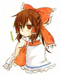 Rule 34 | 1girl, alice margatroid, alice margatroid (cosplay), bow, brown eyes, brown hair, capelet, cosplay, female focus, finger to mouth, hair bow, hair tubes, hakurei reimu, solo, touhou, translation request, yuuta (monochrome)