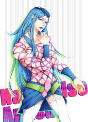 Rule 34 | 1boy, abs, blue eyes, blue hair, blue lips, character name, fishnets, hat, jojo no kimyou na bouken, lipstick, long hair, makeup, male focus, matching hair/eyes, muscular, narciso anasui, navel, ou (804958937), skirt, solo, striped, striped background, thighhighs, wristband