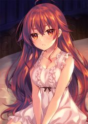 Rule 34 | 1girl, ahoge, bare arms, bare shoulders, bed, blush, breasts, center frills, cleavage, closed mouth, collarbone, commentary request, dress, eris greyrat, frills, hair between eyes, indoors, long hair, looking at viewer, medium breasts, mushoku tensei, red eyes, red hair, sleeveless, sleeveless dress, solo, sorai shin&#039;ya, sweat, thick eyebrows, v arms, very long hair, white dress