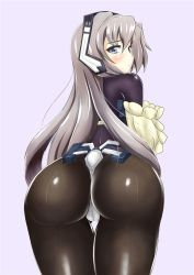 Rule 34 | 1girl, android, artist request, ass, blue eyes, blush, bodysuit, cameltoe, from behind, headgear, highres, horizon ariadust, huge ass, kyoukaisenjou no horizon, long hair, looking at viewer, looking back, pantyhose, shiny clothes, silver hair, solo, tears, thong, very long hair