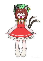 Rule 34 | 1girl, :d, animal ear fluff, animal ears, blush stickers, boots, bow, bowtie, brown hair, cat ears, cat tail, chen, closed eyes, dotaku (wran8845), earrings, facing viewer, fangs, full body, happy, hat, jewelry, long sleeves, mob cap, multiple tails, nekomata, open mouth, puffy long sleeves, puffy sleeves, red skirt, red vest, short hair, simple background, single earring, skirt, skirt set, smile, solo, tail, touhou, two tails, vest, white background, white bow, white bowtie