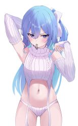 Rule 34 | 1girl, absurdres, arm behind back, arm up, blue eyes, blue hair, blush, breasts, detached sleeves, fawny, garter straps, highres, hololive, hoshimachi suisei, long hair, looking at viewer, meme attire, panties, ponytail, small breasts, solo, sweater, turtleneck, turtleneck sweater, underwear, virgin destroyer sweater, virtual youtuber, white garter straps, white panties, white sleeves, white sweater