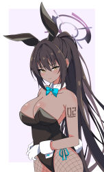 Rule 34 | 1girl, animal ears, aqua bow, aqua bowtie, bare shoulders, black hair, black leotard, blue archive, border, bow, bowtie, breasts, cleavage, closed mouth, commentary request, dark-skinned female, dark skin, detached collar, dot nose, fake animal ears, fake tail, fishnet pantyhose, fishnets, gloves, hair between eyes, halo, high ponytail, highleg, highleg leotard, highres, karin (blue archive), karin (bunny) (blue archive), kuroha uma, large breasts, leotard, long hair, looking at viewer, number tattoo, pantyhose, playboy bunny, rabbit tail, side-tie leotard, sidelocks, simple background, smile, solo, split mouth, strapless, strapless leotard, tail, tan, tattoo, two-tone background, white border, white gloves, wrist cuffs, yellow eyes