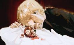 Rule 34 | 1other, androgynous, black suit, blonde hair, food, formal, fruit, highres, holding, holding knife, hunter x hunter, knife, kurapika, long sleeves, looking at viewer, pomegranate, profile, red eyes, short hair, shouka (ly880217), solo, suit, upper body