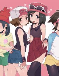 Rule 34 | 4boys, :o, beanie, blush, bracelet, brown eyes, brown hair, calem (pokemon), collared shirt, commentary request, cosplay, creatures (company), crossdressing, elio (pokemon), eyewear on headwear, game freak, green shorts, hand on another&#039;s hip, hat, heart, highres, hilbert (pokemon), hilda (pokemon), hilda (pokemon) (cosplay), jewelry, looking at viewer, male focus, multiple boys, nail polish, nate (pokemon), nintendo, open mouth, pantyhose, pink headwear, pleated skirt, pokemon, pokemon bw, pokemon bw2, pokemon sm, pokemon xy, red headwear, red skirt, rosa (pokemon), rosa (pokemon) (cosplay), sana (37pisana), selene (pokemon), selene (pokemon) (cosplay), serena (pokemon), serena (pokemon) (cosplay), shirt, short hair, short shorts, short sleeves, shorts, skirt, sleeveless, sleeveless shirt, sunglasses, teeth, thighhighs, tongue, tongue out, upper teeth only, vest, white headwear, wristband, yellow shirt, yellow shorts