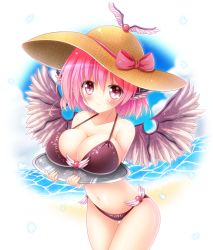 Rule 34 | 1girl, 3:, adapted costume, alternate headwear, animal ears, bare shoulders, beach, bikini, blush, bow, breast rest, breasts, breasts on tray, brown bikini, carried breast rest, carrying, cleavage, collarbone, commentary request, cowboy shot, day, feathered wings, hat, hat bow, highres, large breasts, leaning forward, looking at viewer, mystia lorelei, navel, osashin (osada), pink eyes, pink hair, short hair, solo, sun hat, sweatdrop, swimsuit, touhou, tray, water, wings