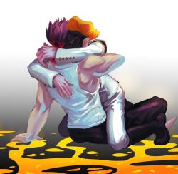 Rule 34 | 2boys, arm support, arms around neck, bad id, bad twitter id, bare arms, black footwear, black hair, black pants, blood, boots, brown hair, commentary request, danganronpa: trigger happy havoc, danganronpa (series), from behind, gradient background, grey background, highres, hug, ishimaru kiyotaka, jacket, kneeling, long sleeves, mainu (mynhu 0817), male focus, multiple boys, on lap, owada mondo, pants, pompadour, scarf, shirt, sitting, striped clothes, striped scarf, white jacket, white pants, white shirt, wristband, yaoi
