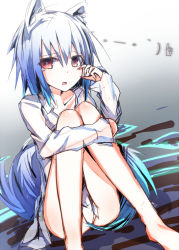 Rule 34 | 1girl, :o, alternate costume, animal ears, crying, crying with eyes open, full body, ichiyan, inubashiri momiji, knees to chest, knees to chest, knees together feet apart, hugging own legs, long sleeves, looking at viewer, red eyes, shirt, short hair, silver hair, sitting, solo, tail, tears, touhou, white shirt, wiping tears, wolf ears, wolf tail