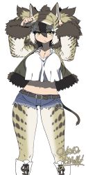 Rule 34 | 10s, 1girl, :&lt;, animal ears, animal print, belt, blonde hair, boots, breasts, brown hair, collarbone, commentary request, cutoffs, dated, denim, denim shorts, eyes visible through hair, fang, fang out, fur-trimmed jacket, fur-trimmed sleeves, fur collar, fur trim, hair between eyes, hands up, highres, jacket, kemono friends, knee boots, large breasts, long hair, looking at viewer, micro shorts, midriff, multicolored hair, navel, original, pantyhose, pantyhose under shorts, print jacket, print pantyhose, shirt, short shorts, shorts, signature, simple background, solo, tank top, twintails, two-tone hair, visor cap, white background, white shirt, yellow eyes, yoshida hideyuki