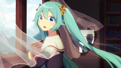 1girl aqua_hair blue_eyes book bookshelf capelet commentary curtains detached_sleeves hair_ornament hat hatsune_miku holding holding_book indoors long_hair looking_at_viewer looking_to_the_side mirror mountainous_horizon nokuhashi reflection see-through_clothes silhouette sky star_(symbol) star_hair_ornament twintails upper_body very_long_hair vocaloid window