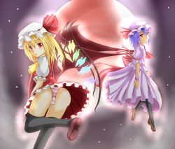 Rule 34 | 2girls, ass, blonde hair, blue hair, dress, flandre scarlet, flat chest, highres, moon, multiple girls, night, open mouth, panties, red eyes, remilia scarlet, roro (sghona10), shoes, short hair, smile, tagme, touhou, underwear, wings