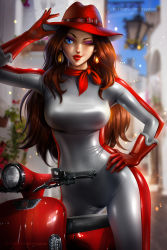 Rule 34 | 1girl, alternate costume, alternate universe, artist name, ayya sap, biker clothes, bikesuit, blue eyes, blurry, blurry background, bodysuit, bow, breasts, brown hair, contrapposto, covered collarbone, deviantart username, donkey kong (series), earrings, elbow gloves, eyelashes, eyeshadow, fedora, glint, gloves, gold earrings, grey bodysuit, hand on own hip, handlebar, hat, hat bow, hat ribbon, hat tip, headlight, italy, jewelry, lamppost, large breasts, latex, latex bodysuit, lips, lipstick, long hair, long sleeves, looking at viewer, makeup, mario (series), mario kart, mario kart wii, motor vehicle, nintendo, nose, nostrils, one eye closed, outdoors, parted lips, patreon username, pauline (mario), purple eyeshadow, racing suit, red bodysuit, red bow, red gloves, red hat, red lips, red ribbon, red scarf, ribbon, scarf, scooter, shiny clothes, signature, smirk, solo, super mario odyssey, taut bodysuit, taut clothes, thick lips, town, vespa, watermark, web address