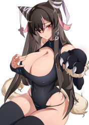 Rule 34 | 1girl, animahakim, animal hands, bare shoulders, black hair, blush, breasts, cleavage, commission, covered erect nipples, double bun, gloves, hair bun, huge breasts, large breasts, leotard, long hair, looking at viewer, multicolored hair, original, paw gloves, pink hair, red eyes, simple background, sitting, solo, streaked hair, tail, two-tone hair, very long hair, white background