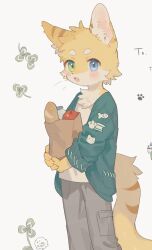 Rule 34 | 1boy, :o, animal ears, apple, bag, baguette, blue jacket, body fur, bread, cat boy, cat ears, cat tail, clover, commission, cowboy shot, food, from side, fruit, furry, furry male, gomafuto, grey pants, grocery bag, heterochromia, highres, holding, holding bag, jacket, looking at viewer, male focus, open clothes, open jacket, open mouth, original, pants, paper bag, paw print, pocket, shirt, shopping bag, simple background, skeb commission, solo, standing, tail, two-tone fur, white background, white fur, white shirt, yellow fur