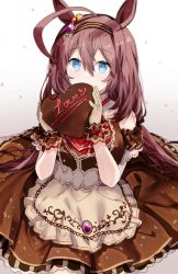 Rule 34 | 1girl, absurdres, ahoge, animal ears, apron, black hairband, blue eyes, blush, brown dress, brown gloves, brown hair, chocolate, clothing cutout, covering own mouth, dress, english text, food, frilled cuffs, frilled sleeves, frills, gloves, hair ornament, hairband, heart, highres, holding, holding chocolate, holding food, horse girl, long hair, looking at viewer, medium dress, migolu, mihono bourbon (code:glassage) (umamusume), mihono bourbon (umamusume), official alternate costume, short sleeves, shoulder cutout, solo, umamusume, valentine, waist apron