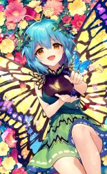 Rule 34 | 1girl, :d, ainy, antennae, bare arms, bare shoulders, black shirt, blue hair, blush, brown eyes, bug, butterfly, butterfly wings, eternity larva, feet out of frame, flower, green skirt, hair between eyes, insect, insect wings, leaf, looking at viewer, miniskirt, open mouth, pink flower, red flower, shirt, short hair, skirt, sleeveless, sleeveless shirt, smile, solo, touhou, touhou cannonball, wings, yellow flower