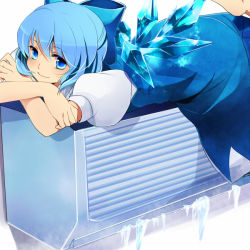 Rule 34 | 1girl, air conditioner, blue eyes, blue hair, bow, cirno, hair bow, ice, lying, matching hair/eyes, mundane utility, nozomu144, on stomach, short hair, smile, solo, embodiment of scarlet devil, touhou, wings