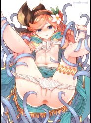 Rule 34 | 10s, 1girl, anus, bad id, bad pixiv id, blue eyes, breasts, censored, flower, granblue fantasy, hair flower, hair ornament, hairband, highres, imminent rape, bridal garter, long hair, mosaic censoring, namake, navel, nipples, orange hair, panties, panty pull, pillarboxed, pussy, sara (granblue fantasy), simple background, small breasts, solo, spread anus, tears, tentacles, underwear, white background, white panties