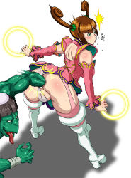 Rule 34 | 1boy, 1girl, ahegao, anal, anal fisting, antenna hair, anus, ass, back, bent over, blush, bob cut, boots, brown hair, butcha-u, cameltoe, capcom, clothing aside, detached sleeves, fisting, from behind, fucked silly, gaping, green eyes, hairdo, holding, jewelry, june lin milliam, kappa, kappa (star gladiator), kneepits, large insertion, legs, looking back, monster, open mouth, panties, panties aside, ring, shadow, skirt, smile, solo focus, standing, star gladiator, surprised, sweat, thigh boots, thighhighs, thumbs up, twintails, uncensored, underwear, upskirt
