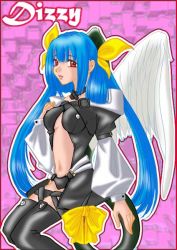 Rule 34 | 1girl, arc system works, asymmetrical wings, bad anatomy, blue hair, dizzy (guilty gear), guilty gear, red eyes, ribbon, solo, tail, tail ornament, tail ribbon, thighhighs, wings