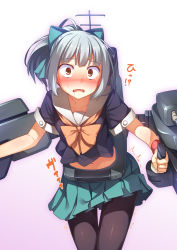 Rule 34 | !?, 10s, 1girl, blush, bow, brown hair, drooling, grey hair, hair bow, kantai collection, machinery, midriff, navel, panties, pantyhose, personification, pleated skirt, ponytail, pussy juice, pussy juice stain, pussy juice trail, racer (magnet), radio antenna, school uniform, serafuku, sex toy, short hair, short sleeves, skirt, solo, sweat, tears, trembling, underwear, upskirt, vibrator, vibrator under clothes, wavy mouth, wet, wet clothes, wet panties, wet pantyhose, yuubari (kancolle)