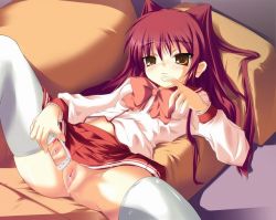 Rule 34 | 00s, 1girl, anus, blush, bow, brown eyes, indoors, kousaka tamaki, long hair, lying, miniskirt, no panties, on back, pleated skirt, pussy, pussy juice, red hair, safi, school uniform, serafuku, skindentation, skirt, solo, spread legs, taking picture, thighhighs, third-party edit, to heart (series), to heart 2, twintails, uncensored, white thighhighs