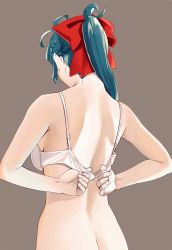 Rule 34 | 1girl, absurdres, adjusting bra, adjusting clothes, arms behind back, ass, back, back focus, bare arms, bare shoulders, blue hair, bra, breasts, butt crack, dressing, from behind, hair ornament, hair ribbon, highres, huge filesize, irako (kancolle), kantai collection, long hair, ojipon, ponytail, ribbon, simple background, solo, underwear, underwear only, upper body, white bra