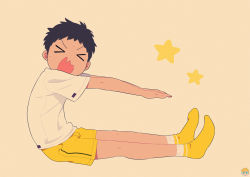 Rule 34 | 1boy, black hair, exercising, closed eyes, gym shorts, male focus, noeyebrow (mauve), open mouth, original, short hair, shorts, simple background, sit-up, solo, stretching, sweat, yellow legwear, yellow shorts