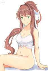 Rule 34 | 1girl, belly, bottomless, bow, breasts, brown hair, cleavage, doki doki literature club, eyebrows, green eyes, hair bow, highres, long hair, looking at viewer, medium breasts, monika (doki doki literature club), ponytail, shirt, simple background, sitting, smile, solo, stomach, white shirt