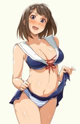 Rule 34 | 10s, blush, breasts, brown hair, clothes lift, green background, highres, kantai collection, lifted by self, maya (kancolle), medium breasts, midriff, navel, open mouth, panties, sailor collar, short hair, simple background, skirt, skirt lift, solo, striped clothes, striped panties, tokiwa mmm, underwear