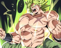 Rule 34 | 10s, 1boy, abs, absurdres, angry, blank eyes, bracelet, broly (dragon ball super), dragon ball, dragon ball super, green hair, highres, jewelry, male focus, muscular, open mouth, scar, screaming, solo, spiked hair, teeth, tongue, upper body, urec