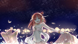 Rule 34 | 1girl, :d, bare shoulders, dress, hair bun, jewelry, light, long hair, looking at viewer, magi the labyrinth of magic, midriff, morgiana, necklace, night, night sky, open mouth, red eyes, red hair, side ponytail, single hair bun, single side bun, sky, smile, solo, wristband, xuehua
