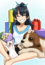 Rule 34 | 1girl, ^ ^, animal, bad id, bad pixiv id, barefoot, black hair, blush stickers, breasts, butterfly sitting, casual, cat, cleavage, closed eyes, dog, closed eyes, feet, ganaha hibiki, gift, grin, halftone, halftone background, idolmaster, idolmaster (classic), long hair, medium breasts, ponytail, sitting, sleeping, smile, solo, tkhs, toes