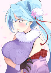 Rule 34 | absurdres, arm under breasts, bare shoulders, blue hair, blush, curly hair, from side, fur-trimmed gloves, fur collar, fur trim, gloves, hair ornament, half-closed eyes, highres, holding, holding clothes, knot, kumo&#039;otoshi, light blue hair, looking away, max melon, open mouth, purple eyes, shy, sleeveless, sweater, tenka hyakken