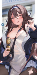 Rule 34 | 1girl, absurdres, bag, between breasts, black nails, blue hairband, blue jacket, blue skirt, blush, breasts, brown hair, brown pantyhose, cleavage, dress, unworn eyewear, flower-shaped pupils, genshin impact, hair between eyes, hairband, highres, holding, holding removed eyewear, hu tao (genshin impact), hu tao (lawson) (genshin impact), jacket, large breasts, lawson, long hair, nail polish, official alternate costume, open clothes, open jacket, open mouth, pantyhose, pink eyes, pleated skirt, shin no tenpii, skirt, smile, solo, strap between breasts, sunglasses, sweatdrop, symbol-shaped pupils, torn clothes, torn pantyhose, very long hair, white dress
