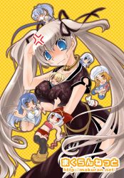 Rule 34 | 6+girls, anger vein, angry, between breasts, black dress, black ribbon, blonde hair, blue eyes, blue hair, breasts, chibi, china dress, chinese clothes, collarbone, dress, frills, full body, hair ribbon, hat, large breasts, long hair, looking at viewer, mabinogi, mob cap, multiple girls, nao (mabinogi), purple eyes, ribbon, side slit, simple background, solo focus, standing, thighs, twintails, very long hair, white hair, yellow background