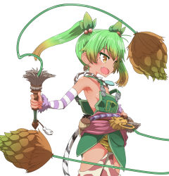 Rule 34 | 1girl, :d, armpits, bare shoulders, breasts, brown eyes, brown hair, commentary request, cowboy shot, detached sleeves, dual wielding, earrings, falcom, fang, from side, gradient hair, green hair, highres, holding, holding weapon, holding whip, jewelry, light green hair, multicolored hair, necklace, no bra, open mouth, overalls, ricotta (ys), simple background, small breasts, smile, solo, standing, striped sleeves, striped tail, sumiyao (amam), tail, tooth necklace, weapon, whip, white background, ys, ys viii lacrimosa of dana