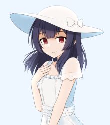 Rule 34 | 1girl, black hair, blue background, blush, closed mouth, collarbone, dot nose, dress, flat chest, frilled dress, frills, from side, gradient background, hair between eyes, hand on own chest, hand up, hat, hat ribbon, highres, idolmaster, idolmaster shiny colors, looking at viewer, morino rinze, red eyes, ribbon, see-through, see-through sleeves, short hair, short sleeves, simple background, smile, solo, upper body, white dress, white hat, white ribbon, youdie