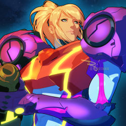 Rule 34 | 1girl, arm cannon, armor, blonde hair, blue eyes, bodysuit, closed mouth, glowing, gravity suit (metroid), gun, long hair, metroid, metroid dread, mole, mole under mouth, nintendo, ponytail, power armor, samus aran, science fiction, simple background, solo, the art mage, upper body, weapon