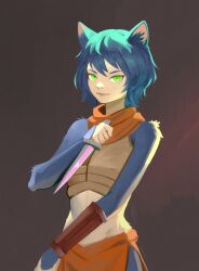 Rule 34 | 1girl, animal ears, black hair, breasts, brown background, cat ears, cat girl, cat tail, cowboy shot, crop top, dagger, dungeon meshi, green eyes, highres, holding, holding dagger, holding knife, holding weapon, izutsumi, knife, midriff, monster girl, red scarf, scarf, short hair, simple background, sleeveless, slit pupils, small breasts, smaragdus, tail, weapon