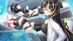 Rule 34 | 3girls, amadea wolfa, black hair, blonde hair, blue hair, blunt bangs, breasts, cleavage, closed eyes, dolphin wave, eines (dolphin wave), elbow gloves, glasses, gloves, hair between eyes, hair ornament, hairclip, highres, lab coat, large breasts, long hair, lying, midriff, multicolored hair, multiple girls, nacht (dolphin wave), navel, official art, on back, ootomo takuji, pink hair, short hair, striped hair, thighhighs, underboob, very long hair, yellow eyes