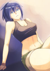 Rule 34 | 1girl, absurdres, arm support, bare shoulders, blue eyes, blue hair, breasts, cleavage, closed mouth, collarbone, commentary request, crop top, gloves, hara kenshi, highres, leaning back, leona heidern, long hair, looking at viewer, medium breasts, medium hair, midriff, navel, partial commentary, short shorts, shorts, snk, solo, tank top, the king of fighters, thighs