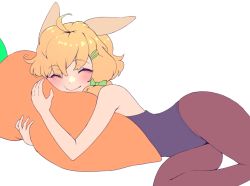 Rule 34 | 1girl, ahoge, alternate costume, animal ears, arknights, bare shoulders, black leotard, blush, bow, brown pantyhose, carrot-shaped pillow, closed mouth, commentary, english commentary, closed eyes, green bow, hair bow, kroos (arknights), leotard, lying, hugging object, on side, pantyhose, playboy bunny, rabbit ears, sher (imnotsher), simple background, smile, solo, unfinished, white background