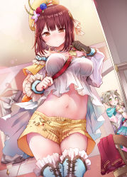 Rule 34 | + +, 2girls, alt (ctrldel), atelier (series), atelier firis, atelier sophie, bare shoulders, bead necklace, beads, beret, between breasts, blurry, blush, breasts, brown hair, clothes hanger, commentary request, cowboy shot, crop top, crop top overhang, firis mistlud, flower, gloves, green eyes, hair flower, hair ornament, hat, highres, jewelry, long sleeves, looking at viewer, medium breasts, midriff, multiple girls, navel, necklace, off-shoulder shirt, off shoulder, parted lips, red eyes, red hair, rose, shirt, short hair, short shorts, shorts, single glove, sleeveless, sleeveless shirt, sophie neuenmuller, standing, strap, strap between breasts, sweatdrop, thighhighs, v-shaped eyebrows, white shirt, yellow shorts