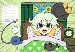 Rule 34 | ..., 1girl, 2019, :x, alarm clock, arms up, black bow, black cat, black hat, blanket, blouse, bow, braid, calendar (object), cat, clenched hands, clock, closed eyes, collared shirt, curtains, drawer, ear bow, eyeball, green curtains, green eyes, hair between eyes, hat, hat ribbon, heart, heart print, highres, kaenbyou rin, kaenbyou rin (cat), komeiji koishi, light green hair, long sleeves, looking at viewer, medium hair, messy hair, open mouth, pillow, plaid curtains, red hair, ribbon, shirt, smile, solo, spoken ellipsis, stained glass, tail, tail bow, tail ornament, teeth, third eye, touhou, twin braids, under covers, unworn hat, unworn headwear, upper teeth only, v-shaped eyebrows, washiwa, wavy hair, wide sleeves, window, yellow ribbon, yellow shirt
