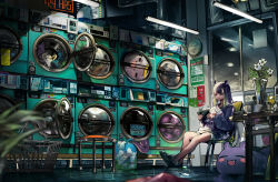 Rule 34 | 1girl, absurdres, bag, bleach (chemical), blurry, chair, clock, depth of field, fang, flower, halo, halo removed, highres, hololive, hololive english, hood, hoodie, lamppost, laundromat, laundry basket, mole, mole under eye, neon lights, ninomae ina&#039;nis, purple eyes, reflection, stool, tablet pc, takodachi (ninomae ina&#039;nis), tentacles, vase, virtual youtuber, vyragami, window
