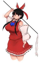 Rule 34 | 1girl, ascot, bare shoulders, belly, black hair, blue ascot, blunt bangs, blush, bow, breasts, collared shirt, commentary, covered erect nipples, cowboy shot, curvy, detached sleeves, gohei, hair bow, hair tubes, hakurei reimu, highres, huge breasts, legacy of lunatic kingdom, looking at viewer, ofuda, oozon (ozon), plump, pouty lips, puffy nipples, red eyes, shirt, short hair with long locks, skirt, solo, touhou, undershirt